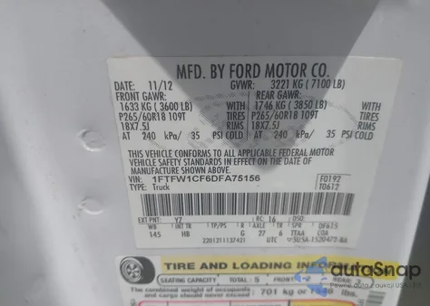 2013 Ford F-150 Lariat z USA, uszkodzony, nr VIN 1FTFW1CF6DFA75156